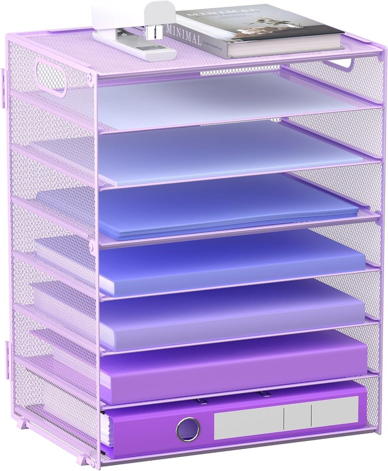 GoldOrcle 8 Tier Paper Letter Tray Organizer with Handles, Mesh Desk File Holder Storage Organization for Home School Classroom & Office (Purple) - Image 1